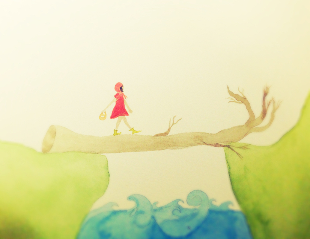 girl walking across a bridge, girl in red, June story, twelve little tales
